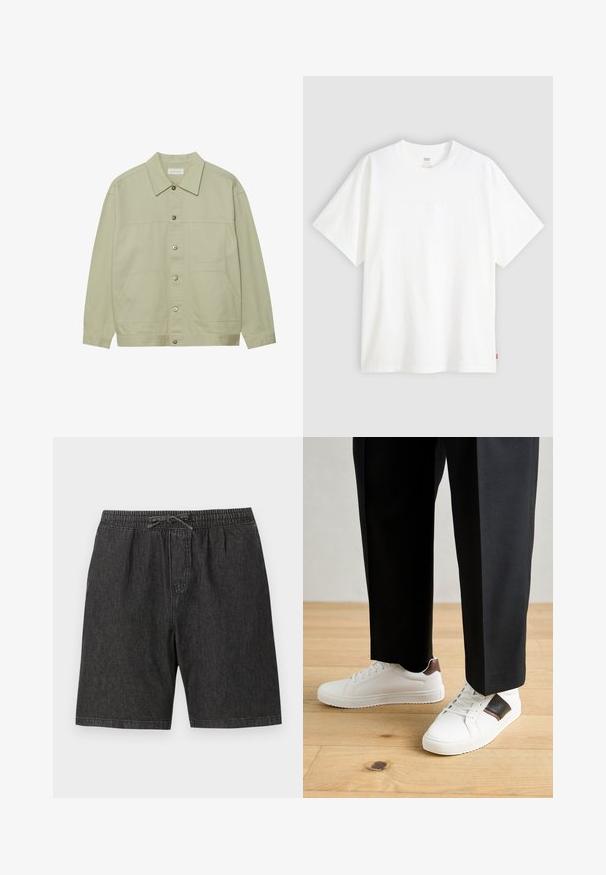 Světle zelená, zapínací bunda vyrobená z bavlny. Obsahuje dvě přední náprsní kapsy a klasický límeček. Texturovaná látka s hladkým povrchem.; Bílý krátký rukáv tričko vyrobené z bavlny s kulatým výstřihem. Na přední straně se nachází decentní embosované logo a červená cedulka na lemu.; Černé denimové šortky s elastickým pasem a nastavitelnou šňůrkou. Obsahují postranní kapsy a volný, uvolněný střih.; Bílé tenisky s hladkým povrchem, s hnědými koženými akcenty a černými detaily, kombinované s černými kalhotami na míru. Pozadí tvoří dřevěná podlaha.