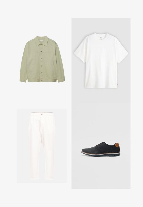 Jachetă de culoare verde deschis, cu nasturi, din bumbac. Dispune de două buzunare frontale și un guler clasic. Material texturat cu un finisaj neted.; Tricou alb cu mânecă scurtă, confecționat din bumbac, cu gât rotund. Prezintă un detaliu logo subtil embosat pe față și un etichetă roșie la tiv.; Pantaloni din bumbac alb cu o croială lejeră, având un sistem de închidere cu buton pe față, două buzunare laterale și tivuri întoarse. Textură netedă și linii curate.; Pantofi sintetici negri cu un superior texturat, accente netede, toc maro și o talpă contrastantă. Prezintă un șnur minimalist și detalii de cusătură.