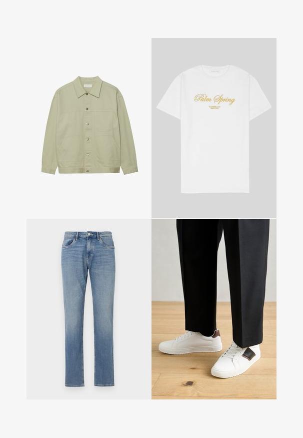 Hele roheline, nööbiga jope, mis on valmistatud puuvillast. Omab kahte ees olevat klapiga taskut ja klassikalist kraed. Tekstuuriga kangas, millel on sile viimistlus.; Valge puuvillane T-särk, millel on kuldne tekst, mis ütleb "Palm Spring" ja allpool "California Love Eighty Five", mugav ja lõdva lõikega, ümmarguse kaelusega disain.; Heledad sinine teksapüksid, millel on sirge jalg, viis taskut ja nööbiga sulgemine vööl. Klassikaline tikandi detail.; Valged sneakersid siledat tekstuurist, millel on pruunad nahast detailid ja mustad aksessuaarid, millele on sobitatud mustad kohandatud püksid. Puitpõranda taust.