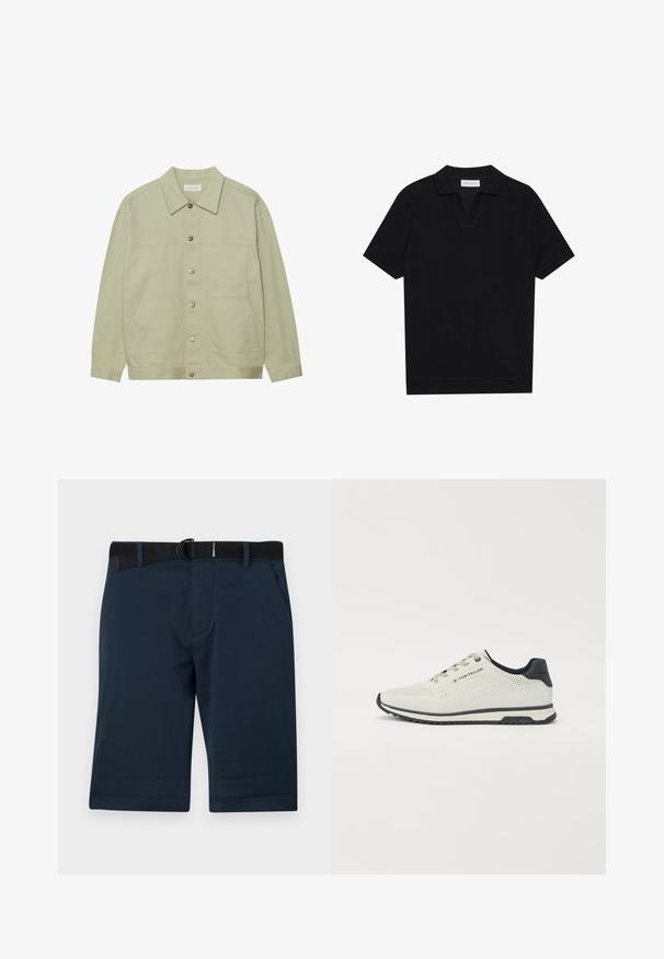 Világos zöld, gombos dzseki pamutból. Két elülső foltvarrásos zseb és klasszikus gallér jellemzi. Texturált anyag, sima felülettel.; Fekete, rövid ujjú pólóing texturált, bordázott anyagból, v-nyakkivágással és egyenes aljjal. Nincsenek látható logók vagy minták.; Sötétkék, textúrált anyagból készült rövidnadrág, fekete állítható övvel, két oldalsó zsebből és egyenes szegéllyel.; Világosszürke sportcipő perforált dizájnnal, fekete részletekkel, textúrált talppal és fűzőrendszerrel. A logó látható az oldalon.