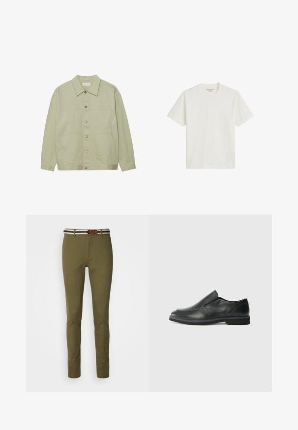 Lichtgroene, knoopsluiting jas van katoen. Voorzien van twee voorste opgestikte zakken en een klassieke kraag. Gelaagd stof met een gladde afwerking.; Katoenen t-shirt in gebroken wit, met een ronde hals ontwerpe met korte mouwen, uitgerust met een rechte zoom en minimale branding op het label.; Smalle, olijfgroene broek met een gladde afwerking, voorzien van een gestreepte tailleband in marineblauw en wit, en een accent van bruine leren riemlus.; Zwarte leren instapper met een soepele bovenkant, gestikte accenten, ronde neus en een lage rubberen hak. De zool heeft minimale profiel.