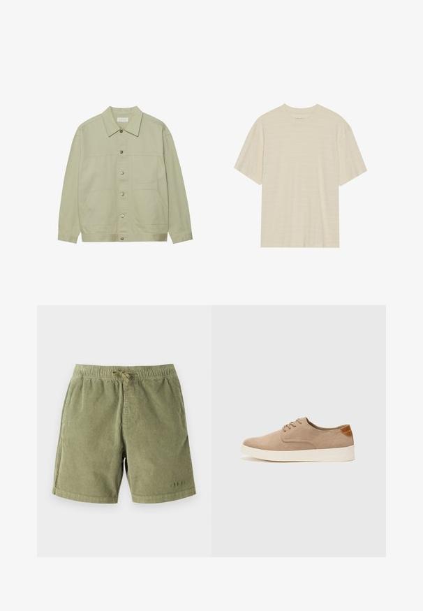Světle zelená, zapínací bunda vyrobená z bavlny. Obsahuje dvě přední náprsní kapsy a klasický límeček. Texturovaná látka s hladkým povrchem.; Krémové tričko s krátkým rukávem, které má jemnou pruhovanou strukturu a kulatý výstřih, vyrobené z lehkého materiálu.; Světlé zelené kordové šortky s elastickým pasem a šňůrkou. Obsahují boční kapsy a jemné stehkové detaily.; Béžové semišové tenisky s kulatou špičkou, šněrováním vpředu a texturovaným zadním akcentem. Bílá gumová podrážka poskytuje kontrast. Jednoduchý a moderní design.