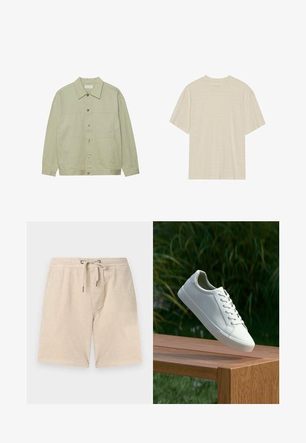 Jasnozielona, zapinana na guziki kurtka wykonana z bawełny. Posiada dwie przednie kieszenie typu patch oraz klasyczny kołnierz. Teksturowana tkanina o gładkim wykończeniu.; Kremowa, krótko rękawowa koszulka z delikatną teksturą w paski i okrągłym dekoltem, wykonana z lekkiego materiału.; Beżowe szorty z korduroyu z elastycznym pasem, zaciąganym sznurkiem i bocznymi kieszeniami; posiadają pionową żebrowaną teksturę.; Białe sneakersy sznurowane unoszące się nad drewnianą ławką z zielonymi liśćmi w tle, ukazujące wzór i teksturę buta.