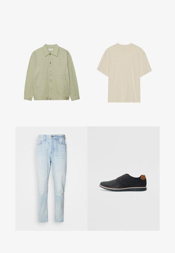 Világos zöld, gombos dzseki pamutból. Két elülső foltvarrásos zseb és klasszikus gallér jellemzi. Texturált anyag, sima felülettel.; Krém színű, rövid ujjú póló, finom csíkozott textúrával és kerek nyakkivágással, könnyű anyagból készült.; Világoskék farmernadrág, egyenes szabással, öt zsebbel és gombos derékkal, enyhén elhalványult részekkel.; Fekete szintetikus cipők, textúrált felsőrésszel, sima díszítésekkel, barna sarkával és kontrasztos talppal. Minimális fűzéssel és varrási részletekkel rendelkezik.