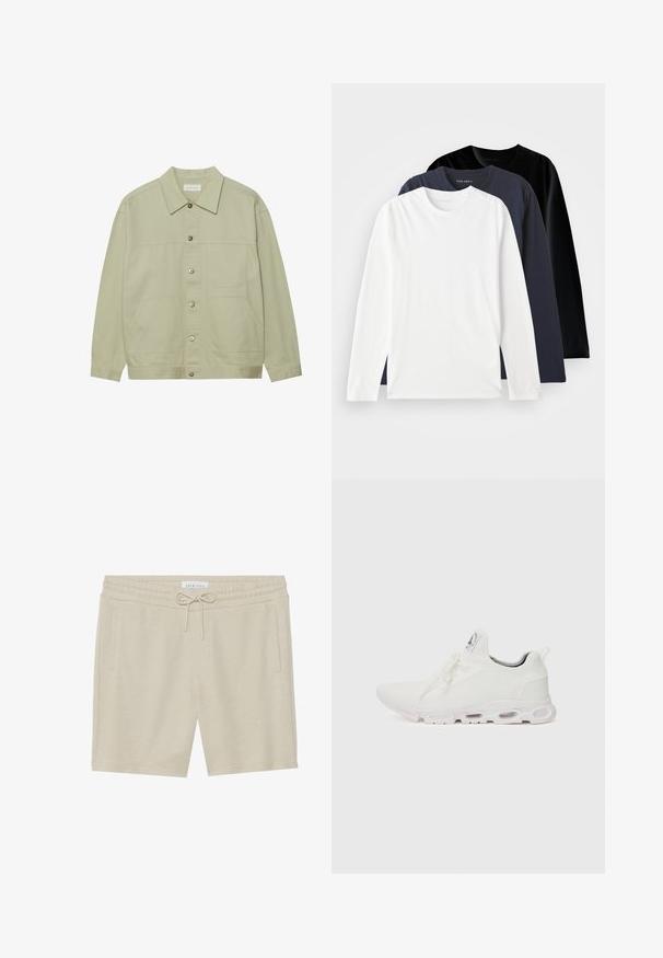 Hele roheline, nööbiga jope, mis on valmistatud puuvillast. Omab kahte ees olevat klapiga taskut ja klassikalist kraed. Tekstuuriga kangas, millel on sile viimistlus.; Kolme pika varrukaga T-särkide virna: üks valge, üks tume meresinine ja üks must. Valmistatud siledast puuvillast, ümmarguste kaelustega ja külgsed avad.; Kreemivärvi lühikesed püksid, mis on valmistatud pehmest kangast, hõlmates kummist ja litsimisnööriga vöökohta, kahe küljetasku ning mugava lõikega.; Valged sportijalatsid, millel on tekstuuriga kudum peal, lame paelad ja pehmendatud tallad nähtavate õhukambritega täiendava toe jaoks.