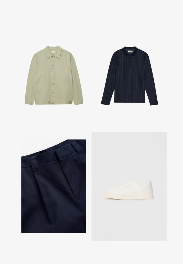 Jachetă de culoare verde deschis, cu nasturi, din bumbac. Dispune de două buzunare frontale și un guler clasic. Material texturat cu un finisaj neted.; Polo cu mânecă lungă de culoare bleumarin, cu guler, având dungi verticale subțiri și placket cu trei nasturi. Textură de țesătură moale.; Pantaloni plisati bleumarin dintr-un material texturat, neted. Dispun de un talie plată și bucle pentru curea, concepuți pentru confort și potrivire.; Tenisi albi slip-on cu o suprafață texturată, talpă groasă și un design minimalist. Prezintă logo-ul brandului pe lateral.