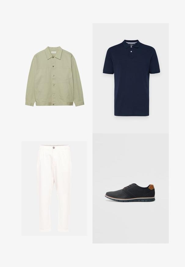 Lichtgroene, knoopsluiting jas van katoen. Voorzien van twee voorste opgestikte zakken en een klassieke kraag. Gelaagd stof met een gladde afwerking.; Marineblauwe polo met korte mouwen van katoen, met een kraag met drie knopen en subtiele horizontale strepen op de kraag.; Witte katoenen broek met een ontspannen pasvorm, voorzien van een knoopsluiting aan de voorkant, twee zijzakken en omgeslagen mouwen. Zachte textuur en strakke lijnen.; Zwarte synthetische schoenen met een gestructureerde bovenkant, gladde accenten, bruine hak en een contrasterende zool. Bevat minimale veters en stikdetails.