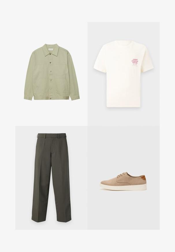 Lyst grønn, knap-ophængt jakke lavet af bomuld. Har to forretningslomme og en klassisk krave. Struktureret stof med en glat overflade.; Hvid kortermet T-shirt med rød tekst "Studio Originals Edition" på venstre bryst, vist på en neutral grå baggrund.; Mørkegrønne, lige ben bukser med en glat tekstur, der har en flad front, bæltestropper og en lynlås. Ingen synlige mønstre eller udsmykninger.; Beige ruskinds sneakers med rund tå, snørebånd foran og en struktureret rygdetalje. Hvid gummisål giver kontrast. Enkel og moderne design.