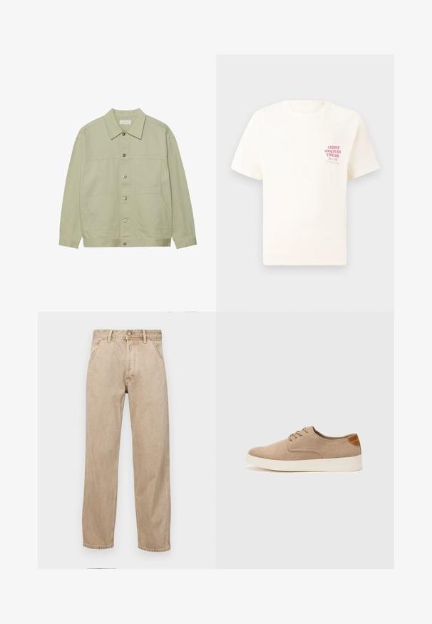 Lys grønn, knappet jakke laget av bomull. Har to frontlommer og en klassisk krage. Teksturert stoff med en glatt overflate.; Hvit T-skjorte med korte ermer og rød tekst "Studio Originals Edition" på venstre bryst, vist på en nøytral grå bakgrunn.; Beige denimjeans med rett ben design, med frontlommer, metallknapplukking og subtil tekstur.; Beige semskinnsko med rund tå, snøring foran og en teksturert bakre aksent. Hvit gummisåle gir kontrast. Enkelt og moderne design.