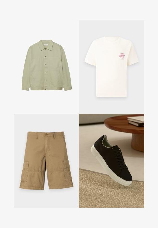 Lyst grønn, knap-ophængt jakke lavet af bomuld. Har to forretningslomme og en klassisk krave. Struktureret stof med en glat overflade.; Hvid kortermet T-shirt med rød tekst "Studio Originals Edition" på venstre bryst, vist på en neutral grå baggrund.; Cargo shorts i khaki stof med lige snit, der har to sidelommer og en knaplukning i taljen. Glat tekstur hele vejen igennem.; Sort sneaker med hvid sål svævende over en beige tekstureret tæppe nær et rundt trætabel med stablede bøger.