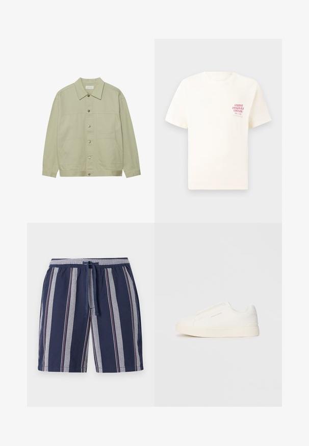 Vaaleanvihreä, napitettava takki, joka on valmistettu puuvillasta. Siinä on kaksi etupaneelipokkia ja klassinen kaulus. Teksturoitu kangas, jolla on sileä pinta.; Valkoinen lyhythihainen t-paita, jossa on punainen teksti "Studio Originals Edition" vasemmalla rinnalla, esitetty neutraalilla harmaalla taustalla.; Navy blue uima shorts, joissa on pystysuuntainen raidallinen kuvio valkoisella ja punaisella, joustava vyötärö ja nyöri, valmistettu kevyestä kankaasta.; Valkoiset liukusukat, joissa on teksturoitu pinta, paksu pohja ja minimalistikot. Sivulla on brändin logo.