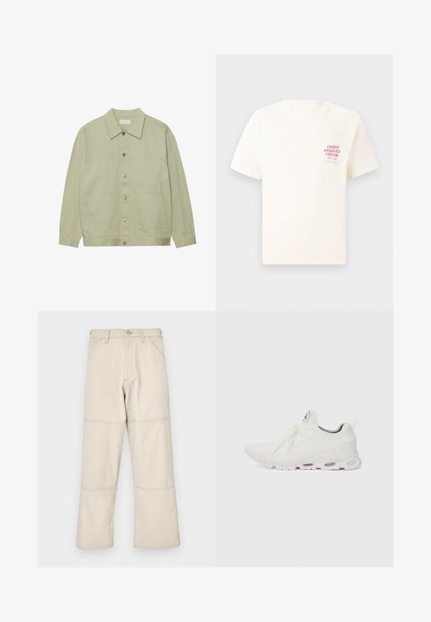 Giacca button-up verde chiaro realizzata in cotone. Presenta due tasche anteriori a toppa e un collo classico. Tessuto testurizzato con finitura liscia.; T-shirt bianco a maniche corte con testo rosso "Studio Originals Edition" sul lato sinistro del petto, esposto su uno sfondo grigio neutro.; Jeans beige a gamba larga in cotone con una texture liscia, caratterizzati da cuciture triple sui bordi e cinque tasche, compresa una tasca per le monete.; Scarpe atletiche bianche con tomaia in maglia testurizzata, lacci piatti e una suola ammortizzata con camere d'aria visibili per un supporto aggiuntivo.