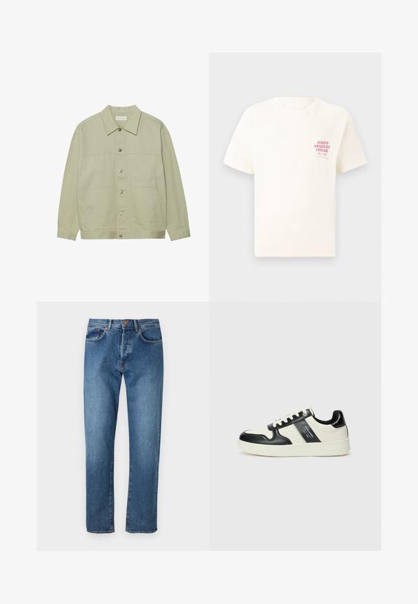 Ανοιχτό πράσινο, πουκάμισο με κουμπιά φτιαγμένο από βαμβάκι. Διαθέτει δύο μπροστά τσεπάκια και κλασικό γιακά. Υφασμάτινη υφή με λεία επιφάνεια.; Άσπρη κοντομάνικη μπλούζα με κόκκινο κείμενο "Studio Originals Edition" στο αριστερό στήθος, παρουσιασμένη σε ουδέτερο γκρι φόντο.; Ανοιχτό μπλε τζιν παντελόνι με σχέδιο ίσιας γραμμής, πέντε τσέπες, κλείσιμο με κουμπί και διακριτική φθορά στη μπροστινή πλευρά.; Δερμάτινα sneakers με μαύρο και κρεμ χρωματικό σχέδιο, με διάτρητες λεπτομέρειες, επενδεδυμένο κολάρο και υφή στη σόλα.
