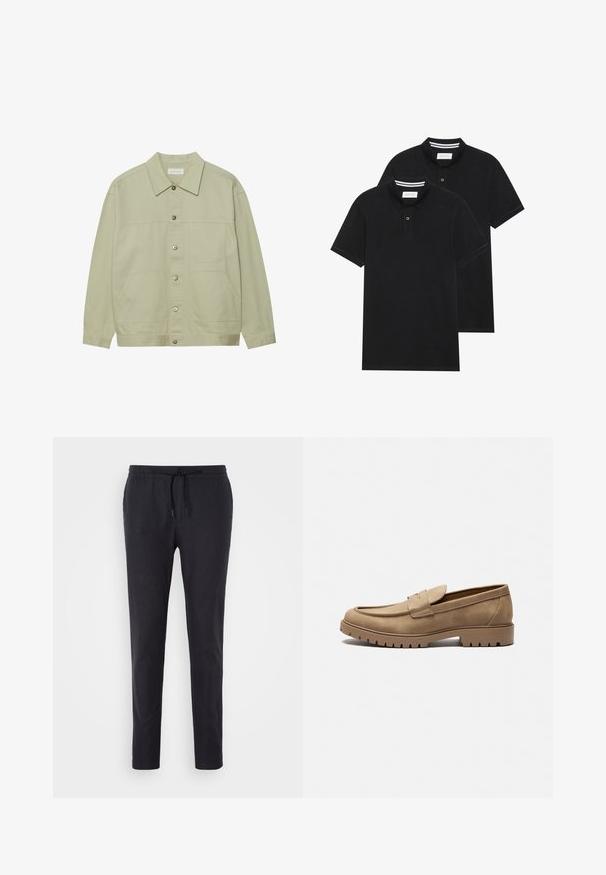 Svetlozelena, jakna na gumb iz bombaža. Ima dva sprednja žepa in klasičen ovratnik. Teksturo ima s smooth koncem.; Dve črne polo majice, kratke rokave, iz bombažnega materiala, z klasik ovratnikom, dvobodno zaponko in belimi črtkami znotraj ovratnika.; Črne, lahke hlače za jogging z nastavljivim pasom na vrvico, zožanim krojem in gladko teksturo. Brez vidnih žepov ali vzorcev.; Svetlo rjavi semaforji s zaobljenim nosom, ravnim gumijastim podplatom in okrasnim šivanjem na zgornjem delu. Imajo zasnovo za obuvanje brez vezalk.