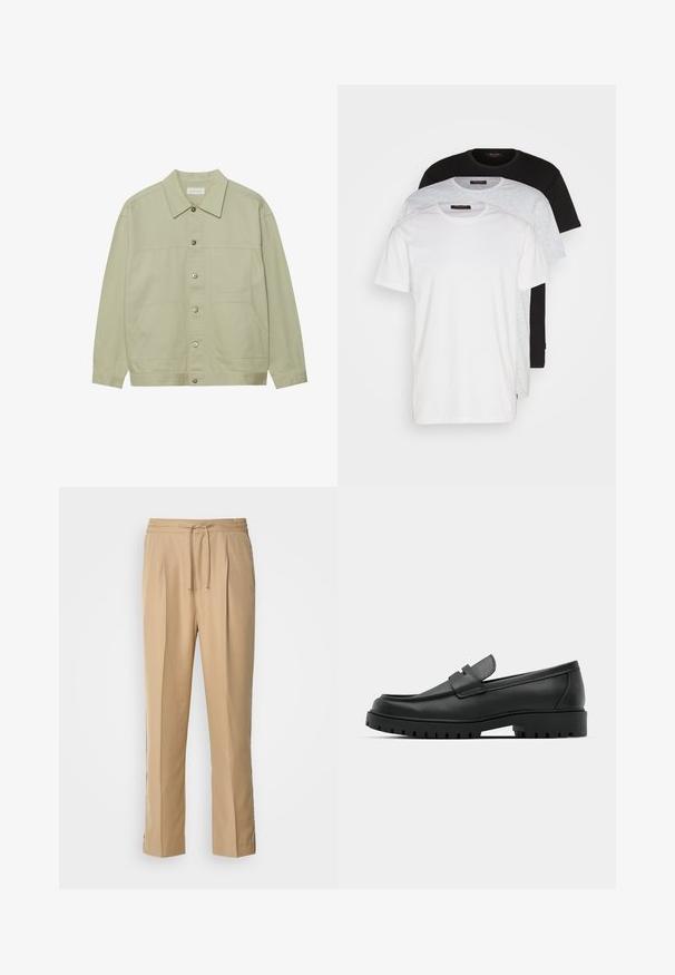 Šviesiai žalia, mygtukais užsegama striukė, pagaminta iš medvilnės. Pasižymi dviem priekinėmis kišenėmis ir klasikiniu aplankalu. Tekstūruotas audinys su lygiu paviršiumi.; Trys apvalaus kaklo marškinėliai baltos, šviesiai pilkos ir juodos spalvos. Pagaminti iš minkštos medvilnės, turi trumpas rankoves ir laisvą kirpimą.; Šviesiai smėlio spalvos kelnės, pagamintos iš lygios medžiagos, būdingos raištelio juosmai, dviem klostėmis priekyje ir tiesiomis, laisvai krentančiomis kojomis patogumui.; Juodi odiniai loaferiai su apvalia nosimi, su siuvinėtu dizainu, žemu platformos padu ir tekstūruotu, sukibimo raštu padu.