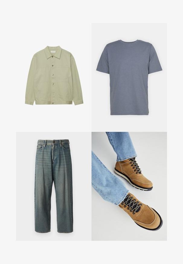 Ανοιχτό πράσινο, πουκάμισο με κουμπιά φτιαγμένο από βαμβάκι. Διαθέτει δύο μπροστά τσεπάκια και κλασικό γιακά. Υφασμάτινη υφή με λεία επιφάνεια.; Γκρι κοντομάνικη μπλούζα με στρογγυλή λαιμόκοψη, φτιαγμένη από μαλακό ύφασμα μείγματος βαμβακιού. Απλός σχεδιασμός, χωρίς μοτίβα ή λεπτομέρειες.; Ανοιχτό μπλε τζιν παντελόνι με χαλαρή γραμμή, μέση μέσου ύψους και ευθείες γραμμές. Περιλαμβάνει πέντε τσέπες, θηλιές ζώνης και κούμπωμα με κουμπί.; Καφέ σουέτ ορειβατικά μποτάκια με μαύρα κορδόνια, καουτσούκ σόλες και λευκές λεπτομέρειες. Συνδυασμένα με ανοιχτό μπλε τζιν. Κοντινό πλάνο του υποδήματος.