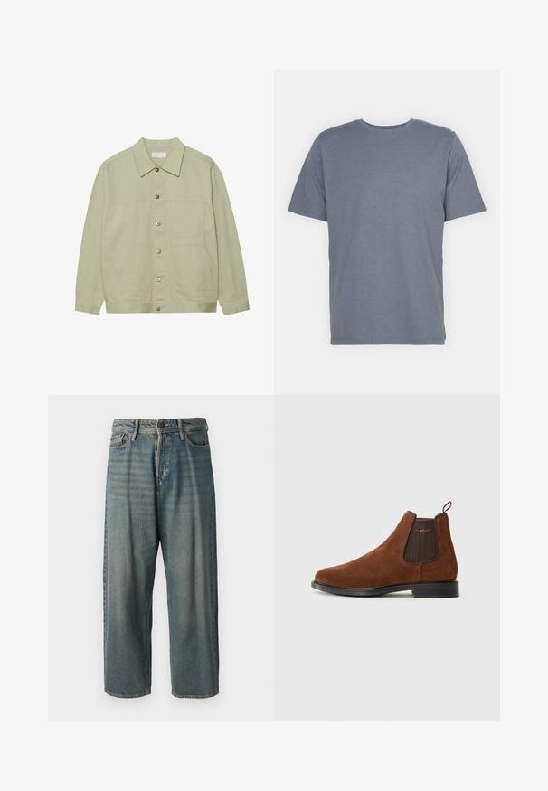 Světle zelená, zapínací bunda vyrobená z bavlny. Obsahuje dvě přední náprsní kapsy a klasický límeček. Texturovaná látka s hladkým povrchem.; Šedé tričko s krátkým rukávem a kulatým výstřihem, vyrobené z měkké bavlněné směsi. Jednoduchý design, bez vzorů nebo akcentů.; Světle modré denimové džíny s volným střihem, středně vysokým pasem a rovnými nohavicemi. Obsahují pět kapes, poutka na opasek a zapínání na knoflík.; Hnědé semišové Chelsea boty s elastickým postranním panelem, smyčkou na zadní straně, černou podrážkou a subtilním logem "GANT" na postranním panelu.