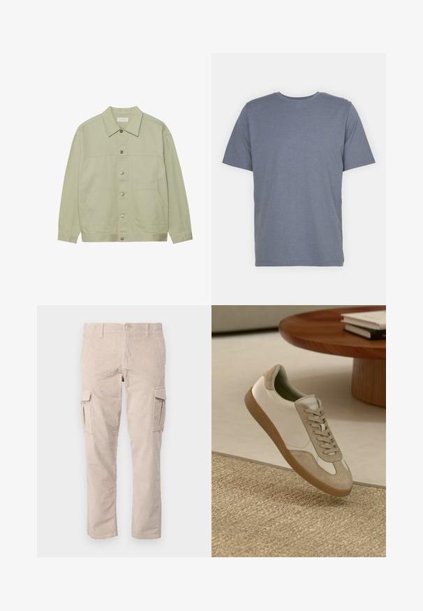 Lys grønn, knappet jakke laget av bomull. Har to frontlommer og en klassisk krage. Teksturert stoff med en glatt overflate.; Grå kortermet T-skjorte med rund hals, laget av myk bomullsblanding. Enkel design, ingen mønstre eller accenter.; Beige corduroy cargo bukser med lige snit, der har sidelommer og en struktureret overflade. Knaplukning i taljen.; Lett sko med en hvit skinn-overdel og beige semsket skinn-detaljer, rund tupp og en teksturert brun gummisåle.