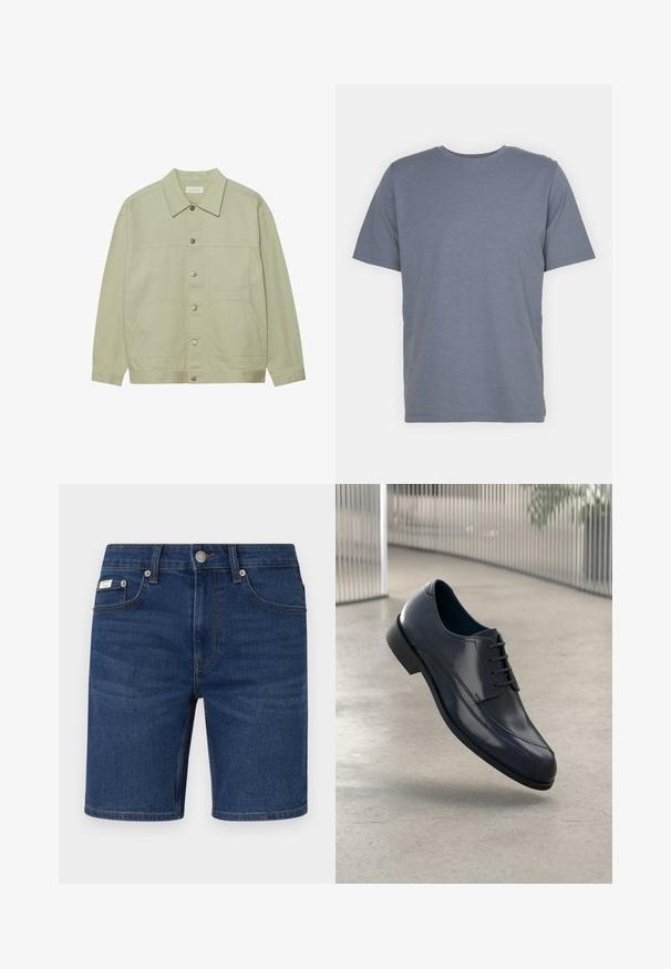 Šviesiai žalia, mygtukais užsegama striukė, pagaminta iš medvilnės. Pasižymi dviem priekinėmis kišenėmis ir klasikiniu aplankalu. Tekstūruotas audinys su lygiu paviršiumi.; Pilkas trumpas rankovėmis marškinėliai su apvaliu kaklu, pagaminti iš švelnaus medvilnės mišinio. Paprastas dizainas, be raštų ar akcentų.; Tamsiai mėlyni džinsiniai šortai su klasikiniu penkių kišenių dizainu, metaline sagos uždarymo sistema ir tiesiu apdaila. Matoma minimalistinė prekės ženklo detalė.; Blizgūs juodi odiniai suknelės batai su raišteliais, skirti pakibti virš lygaus, šviesiai pilko grindų paviršiaus ir vertikalių metalinių strypų fone.