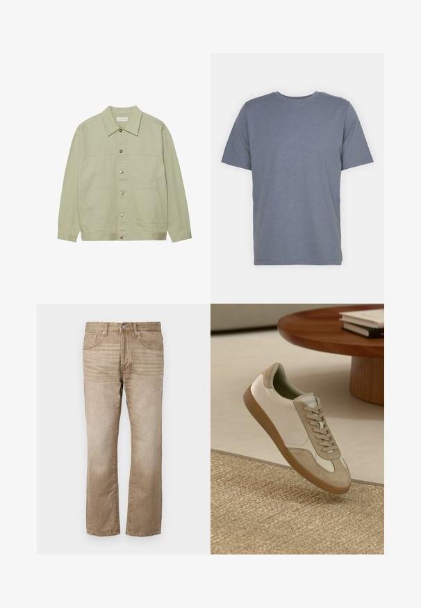 Chaqueta de algodón de color verde claro, con botones. Presenta dos bolsillos de parche en la parte frontal y un collar clásico. Tejido texturizado con un acabado suave.; Camiseta gris de manga corta con cuello redondo, hecha de una suave mezcla de algodón. Diseño simple, sin patrones ni acentos.; Vaqueros de mezclilla beige con un diseño de pierna recta, que cuentan con cinco bolsillos, cierre de botón y un ligero desgastado en la tela.; Zapatillas ligeras con parte superior de cuero blanco y detalles en gamuza beige, punta redonda y suela de goma marrón texturizada.