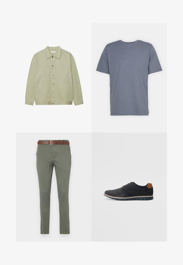 Svijetlozelena jakna na dugmad napravljena od pamuka. Ima dva prednja džepa i klasičan ovratnik. Tekstuirana tkanina sa glatkom završnom obradom.; Siva majica s kratkim rukavima u kroju s okruglim izrezom, izrađena od mekane mješavine pamuka. Jednostavan dizajn, bez uzoraka ili naglasaka.; Olivno zelene chinos hlače ravnog kroja, s smešnim kožnim remenom, bočnim džepovima i suptilnom teksturiranom tkaninom.; Crne sintetičke cipele s teksturiranim gornjim dijelom, glatkim akcentima, smešnim petom i kontrastnom potplatom. Imaju minimalne vezice i detalje šivanja.