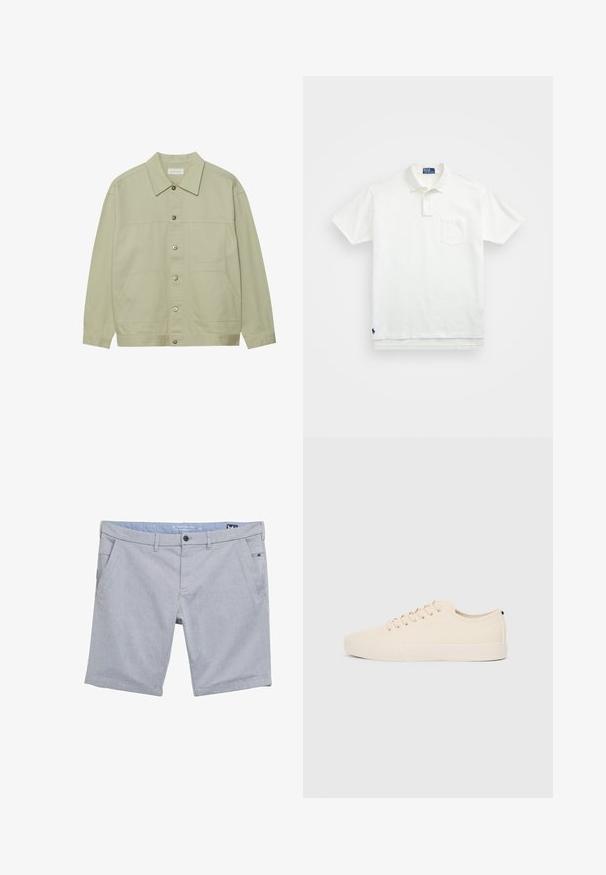 Svijetlozelena jakna na dugmad napravljena od pamuka. Ima dva prednja džepa i klasičan ovratnik. Tekstuirana tkanina sa glatkom završnom obradom.; Bijela polo majica napravljena od pamuka, s klasičnom ovratnikom, trodijelnim zakopčavanjem i džepom na lijevoj strani prsiju; mali logo na rubu.; Sivi, tkaninski šorts s teksturiranim uzorkom. Ima petlje za remen, dva prednja džepa i mali bočni džep. Regularna veličina.; Bež platnene tenisice s okruglim vrhom, ravnim gumennim potplatom i vezanjem sprijeda. Imaju minimalistički dizajn s kontrastnim crnim naglaskom na peti.