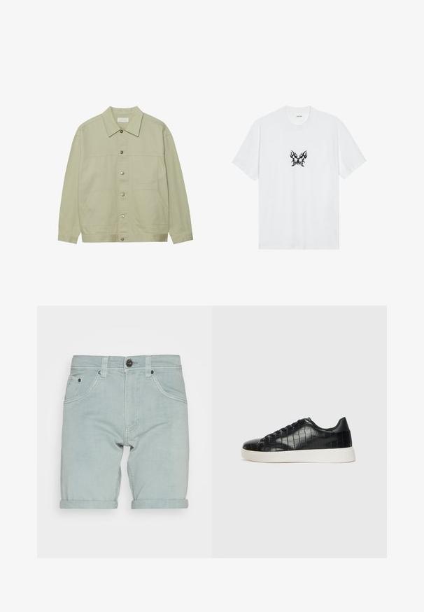 Veste boutonnée vert clair en coton. Possède deux poches plaquées à l'avant et un col classique. Tissu texturé avec une finition lisse.; T-shirt en coton blanc à manches courtes et col rond. Présente un graphique central de papillon avec un motif de flammes noires. Texture lisse.; Shorts en denim bleu clair avec un ourlet roulé, présentant des poches avant et une fermeture à bouton noir unique à la taille. Texture lisse.; Baskets noires avec un dessus en cuir gaufré effet crocodile, bout rond et semelle en caoutchouc blanc contrastant avec une finition lisse.