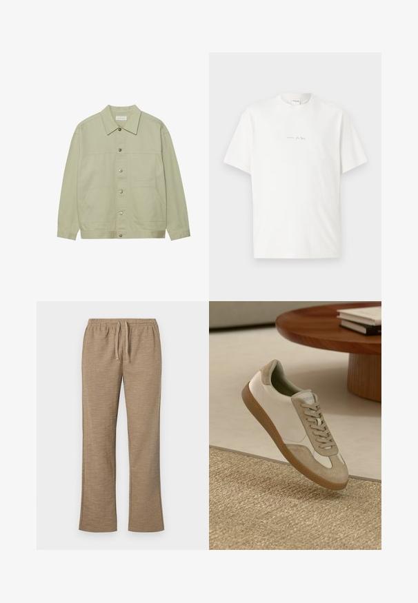 Világos zöld, gombos dzseki pamutból. Két elülső foltvarrásos zseb és klasszikus gallér jellemzi. Texturált anyag, sima felülettel.; Fehér pamut póló kerek nyakkal, rövid ujjakkal és egy apró nyomtatott logóval az elején. Sima textúrájú és laza fit.; Beige színű nadrág, texturált mintázattal, elasztikus derékkal és zsinórral. Egyenes lábú kialakítás, enyhén lecsüngő alsó résszel.; Könnyű sneaker, fehér bőr felsőrésszel, bézs velúr díszítéssel, kerek orral és texturált barna gumitalppal.
