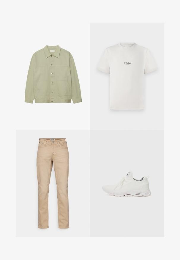 Ανοιχτό πράσινο, πουκάμισο με κουμπιά φτιαγμένο από βαμβάκι. Διαθέτει δύο μπροστά τσεπάκια και κλασικό γιακά. Υφασμάτινη υφή με λεία επιφάνεια.; Λευκό βαμβακερό μπλουζάκι με κοντά μανίκια, με μαύρο λογότυπο "JJ Studios" στο στήθος. Στρογγυλή λαιμόκοψη και κανονική εφαρμογή.; Μπεζ τζιν παντελόνι με ίσια γραμμή. Διαθέτει κλείσιμο με κουμπί μπροστά, θηλιές ζώνης, πέντε τσέπες και διακριτή φθορά στην υφή.; Λευκά αθλητικά παπούτσια με υφασμάτινη επάνω επιφάνεια με υφή, επίπεδα κορδόνια και μαλακή σόλα με ορατά αεροθαλάμους για επιπλέον υποστήριξη.