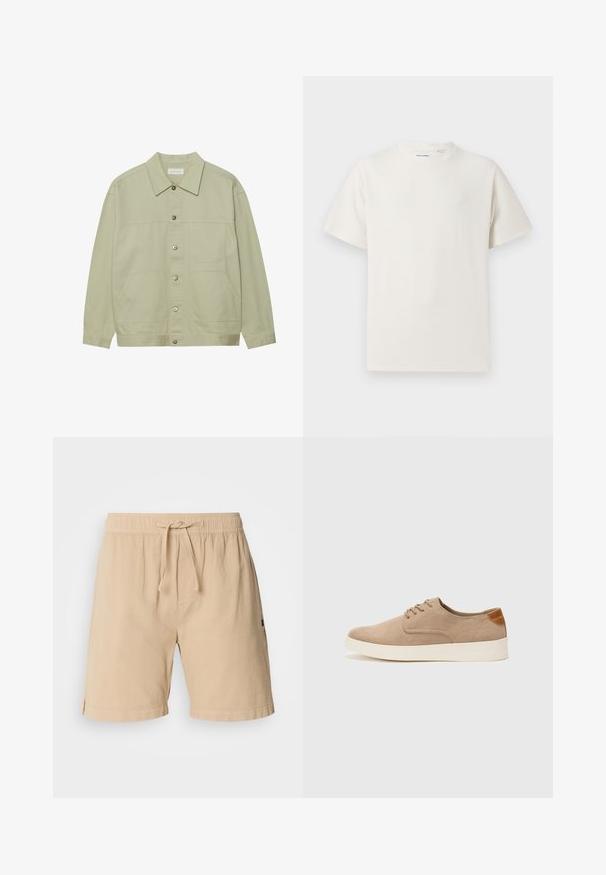 Veste boutonnée vert clair en coton. Possède deux poches plaquées à l'avant et un col classique. Tissu texturé avec une finition lisse.; T-shirt blanc à manches courtes en texture côtelée. Encolure ronde, coupe décontractée, sans motifs ni accents visibles. Design simple et polyvalent.; Shorts beiges en coton avec taille élastique, fermeture à cordon, poches latérales et détails de couture à l'ourlet.; Baskets en daim beige avec un embout arrondi, un laçage sur le devant et un accent texturé à l'arrière. La semelle en caoutchouc blanche offre un contraste. Design simple et moderne.