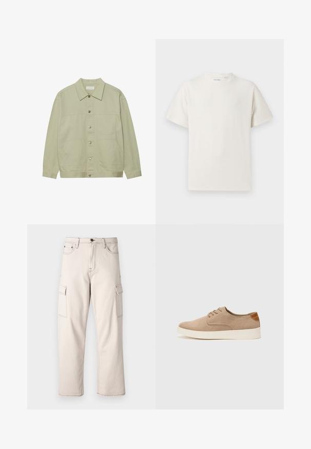 Hele roheline, nööbiga jope, mis on valmistatud puuvillast. Omab kahte ees olevat klapiga taskut ja klassikalist kraed. Tekstuuriga kangas, millel on sile viimistlus.; Valge lühikeste varrukatega T-särk ribakudumises. Ümar kaelus, mugav lõige, nähtavad mustrid ega aksessuaarid puuduvad. Lihtne ja mitmekesine disain.; Kreemikollased cargo püksid, mis on valmistatud puuvillast, koos kahe küljetaskuga, sirge jala disainiga ja kontrastsete õmblusdetailidega.; Beežid nahast tossud ümarate varvastega, paeltega esiosa ja tekstuuriga tagakontuuriga. Valge kummist tallapakkumine loob kontrasti. Lihtne ja kaasaegne disain.