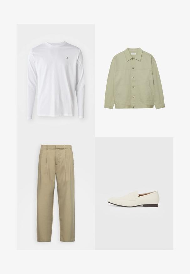 Lys grønn, knappet jakke laget av bomull. Har to frontlommer og en klassisk krage. Teksturert stoff med en glatt overflate.; Langermet hvit bomullsskjorte med rund halslinning og en liten "M OP"-logo i mørkeblått på venstre bryst. Glatt tekstur.; Beige, høytlivs bukser med rett snitt, med flat front, sidelommer og et jevnt, strukturert stoff.; Lyse beige loafers med spiss tå, glatt materiale, en stropp over vampsen, og en lav brun såle. Enkel design med minimale detaljer.