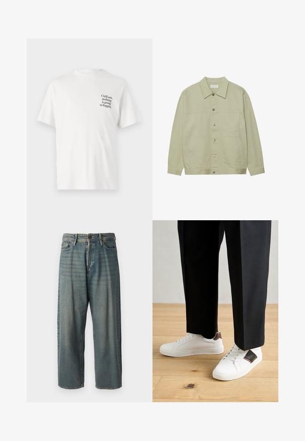 Lyst grønn, knap-ophængt jakke lavet af bomuld. Har to forretningslomme og en klassisk krave. Struktureret stof med en glat overflade.; Hvid bomulds t-shirt med korte ærmer, med et sort trykt tekstdesign på venstre bryst, der står: "Slap af, der kommer ikke til at ske noget."; Lyseblå denim jeans med løs pasform, mellemhøj talje og lige ben. Har fem lommer, bæltestropper og en knappelukning.; Hvide sneakers med glat tekstur, prydet med brune læderdetaljer og sorte detaljer, sammen med sorte skræddersyede bukser. Baggrund med trægulv.
