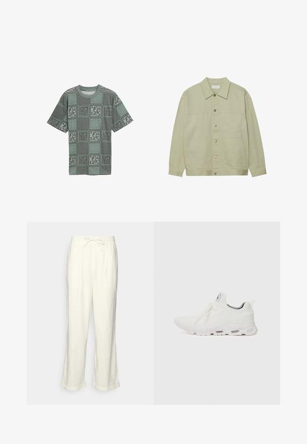 Vaaleanvihreä, napitettava takki, joka on valmistettu puuvillasta. Siinä on kaksi etupaneelipokkia ja klassinen kaulus. Teksturoitu kangas, jolla on sileä pinta.; Vihreä kuvioitu t-paita, joka on valmistettu pehmeästä kankaasta ja jossa on sekoitus geometrisia ja paisley-kuvioita eri sävyissä neliöosioissa.; Nudist trousers in off-white with a drawstring waistband, slightly wide legs, and rolled cuffs for a relaxed fit. No pockets.; Valkoiset urheilukengät, joissa on teksturoitu neulepinta, litteät nauhat ja pehmustettu pohja, jossa on näkyvät ilmakammiot lisätuen tarjoamiseksi.