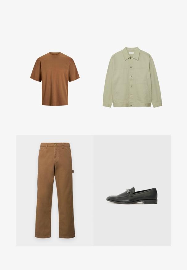 Svetlozelená, zapínacia bunda z bavlny. Disponuje dvoma prednými vačkovými vreckami a klasickým golierom. Textúrovaná tkanina s hladkým povrchom.; Hnedé tričko s krátkym rukávom vyrobené z bavlny. Má klasický okrúhly výstrih a voľný strih s hladkou textúrou a bez viditeľných ozdôb.; Hnedé bavlnené cargo nohavice so rovnými nohavicami, ktoré majú bočné vrecká a kovový gombík na zapínanie v páse. Hladká textúra a ležérny dizajn.; Čierne kožené loafers s hladkým povrchom, s prešitým dizajnom a dekoratívnym kovovým reťazovým akcentom cez priehlavok. Plochý podpätok.
