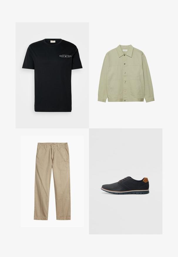 Gaiši zaļš, pogājams jaciņa, izgatavota no kokvilnas. Satur divas priekšējās kabatas un klasisku apkakli. Audums ar tekstūru un gludu apdari.; Melna kokvilnas T-kreklu ar īsām piedurknēm, apaļu kaklu un mazu baltu grafisku tekstu kreisajā krūtīs. Vienkāršs, regulāras griezuma dizains.; Beigās taisnās kājas chinos bikses ar jostas cilpām, priekšējo pogu un rāvējslēdzēja aizdari, kā arī slīpām priekšējām kabatām.; Melni sintētiskie apavi ar struktūru augšdaļā, gludu akcentu, brūnu papēdi un kontrastējošu zoli. Iezīmē minimālu šņorēšanu un šuvju detaļas.