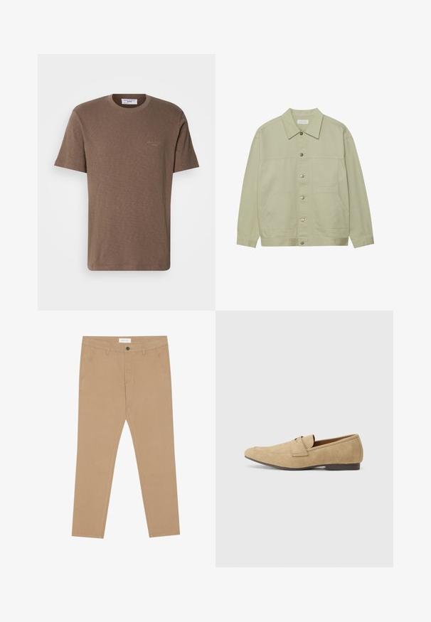 Light green, button-up jacket made of cotton. Features two front patch pockets and a classic collar. Textured fabric with a smooth finish.; Brown cotton T-shirt with a crew neck, short sleeves, and a subtle logo on the chest; lightweight fabric with a soft, textured finish.; Khaki chinos made of cotton blend, featuring a flat front, two side pockets, and a single back pocket. Lightweight fabric with a smooth texture.; Suede loafers in beige with a slight shine, featuring a rounded toe, slip-on design, and a low brown heel. Subtle stitching detail.