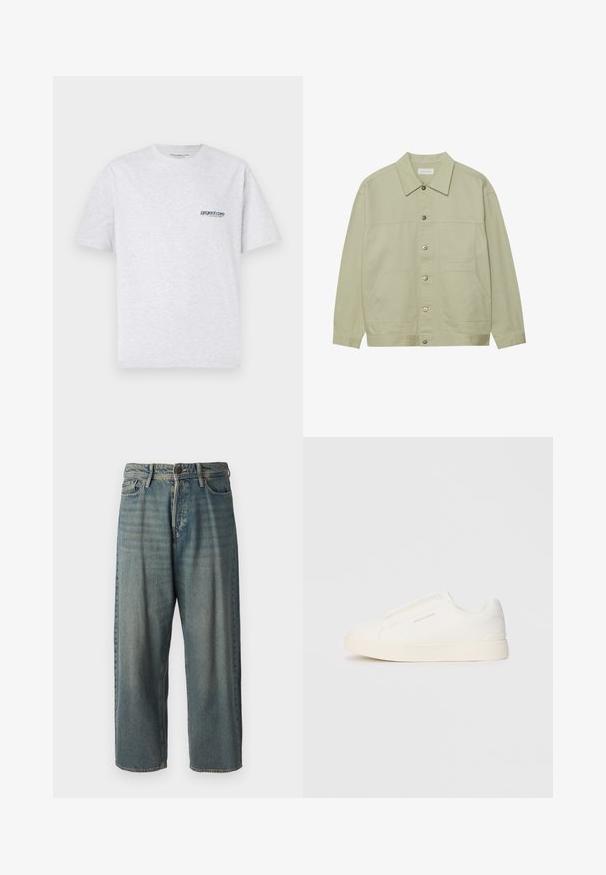 Light green, button-up jacket made of cotton. Features two front patch pockets and a classic collar. Textured fabric with a smooth finish.; Gray short-sleeve t-shirt featuring a small blue "project core" logo on the left side of the chest, displayed on a plain background.; Light blue denim jeans with a loose fit, mid-rise waist, and straight legs. Features five pockets, belt loops, and a button closure.; White slip-on sneakers with a textured surface, a thick sole, and minimalistic design. Features brand logo on the side.