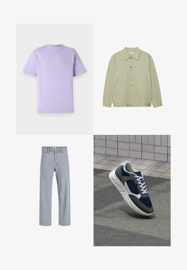 Lys grønn, knappet jakke laget av bomull. Har to frontlommer og en klassisk krage. Teksturert stoff med en glatt overflate.; Lavendel bomulls T-skjorte med korte ermer, rund hals og løs passform. Glatt tekstur, ingen mønstre eller dekorasjoner.; Lyseblå denimbukser med avslappet passform, rett ben-design, synlige sømmer, to frontlommer og knappelukking.; Sneakers med en navy blå mesh-overdel, grå sømværk, hvit gummisåle og flate hvite snører, designet for komfort og pusteevne.