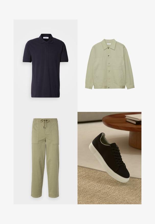 Svijetlozelena jakna na dugmad napravljena od pamuka. Ima dva prednja džepa i klasičan ovratnik. Tekstuirana tkanina sa glatkom završnom obradom.; Polo majica tamnoplave boje od pamuka, s dizajnom ovratnika, kratkim rukavima i diskretnim vezom loga na prsima.; Svijetlo maslinasto zelene hlače od mješavine pamuka, sa elastičnom strukom i vezicom, te dva velika bočna džepa.; Crna tenisica s bijelim potplatom koja lebdi iznad bež teksturiranog tepiha pored okruglog drvenog stola sa složenim knjigama.