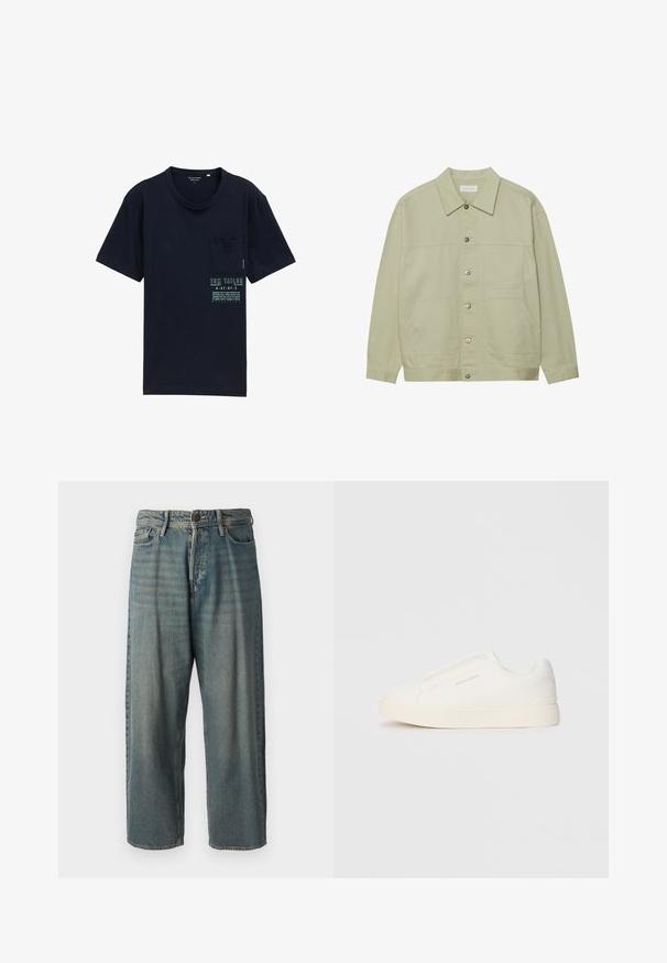 Šviesiai žalia, mygtukais užsegama striukė, pagaminta iš medvilnės. Pasižymi dviem priekinėmis kišenėmis ir klasikiniu aplankalu. Tekstūruotas audinys su lygiu paviršiumi.; Tamsiai mėlyna medvilninė marškinėliai su apvaliu kaklu, trumpomis rankovėmis, kairėje krūtinės pusėje kišenė, o priekyje atspausdintas logotipas ir tekstas kontrastingomis šviesiomis spalvomis.; Šviesiai mėlyni džinsai su laisvu siluetu, vidutinio aukščio juosmeniu ir tiesiomis kojomis. Su penkiais kišenėmis, diržo kilpo ir mygtukų uždarymu.; Baltos slip-on sportbačiai su tekstūruota paviršiumi, storesniu padu ir minimalistišku dizainu. Šone matosi prekės ženklo logotipas.