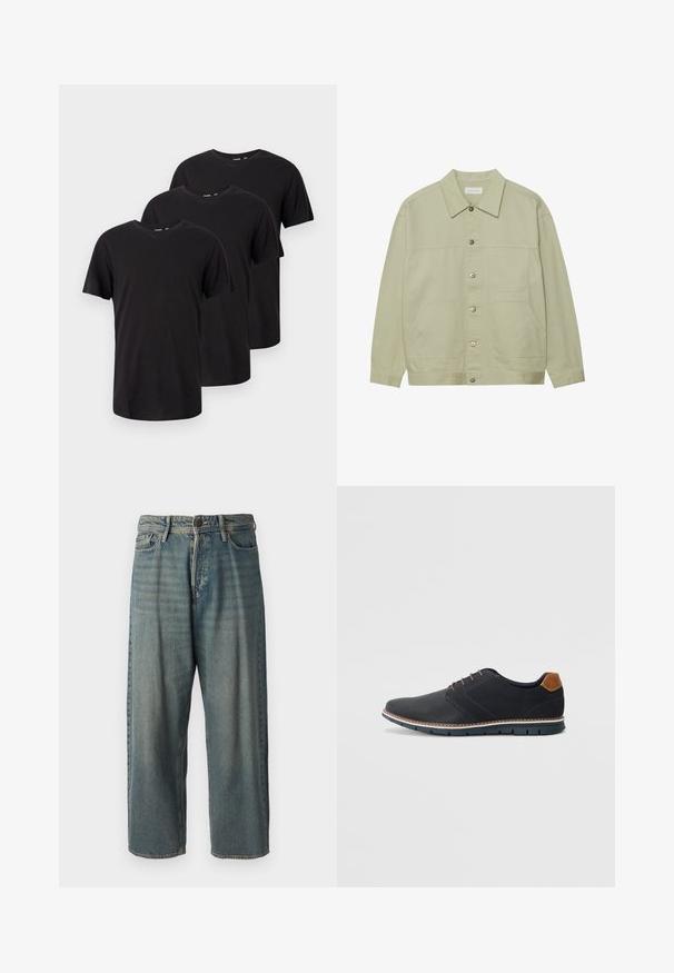 Lys grønn, knappet jakke laget av bomull. Har to frontlommer og en klassisk krage. Teksturert stoff med en glatt overflate.; Tre enkle svarte T-skjorter med kort erme og rund hals, arrangert i et forskjøvet overlappende layout på en hvit bakgrunn.; Lyseblå denimjeans med løs passform, midjehøyde og rette ben. Har fem lommer, beltehemper og knappelukking.; Sorte syntetiske sko med en teksturert overdel, glatte detaljer, brun hæl og en kontrastfarge på sålen. Har minimalt snøring og sømdetaljer.