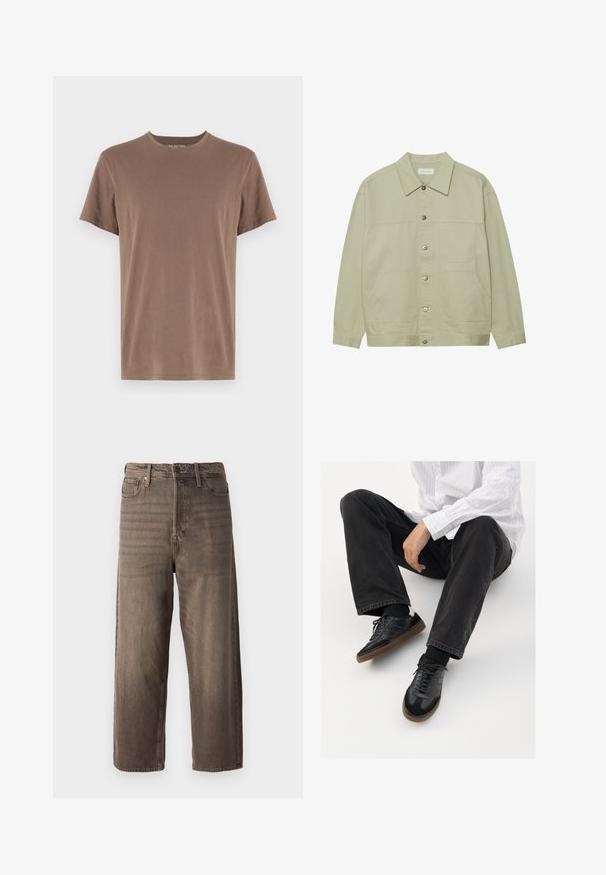 Ανοιχτό πράσινο, πουκάμισο με κουμπιά φτιαγμένο από βαμβάκι. Διαθέτει δύο μπροστά τσεπάκια και κλασικό γιακά. Υφασμάτινη υφή με λεία επιφάνεια.; Καφέ βαμβακερή μπλούζα T-shirt με κοντά μανίκια, στρογγυλή λαιμόκοψη και λεία υφή. Διαθέτει απλό σχέδιο με ίσια στριφώματα.; Καφέ τζιν παντελόνι σε φαρδιά γραμμή κατασκευασμένο από τζιν ύφασμα. Διαθέτει φερμουάρ, θηλάκια ζώνης και πέντε τσέπες. Το ύφασμα παρουσιάζει μια ξεθωριασμένη, υφή.; Μαύρα αθλητικά παπούτσια με λείο και υφασμάτινο πάνω μέρος, διαθέτοντας καουτσούκ σόλα και σκούρες κορδόνες. Συνδυασμένα με μαύρα τζιν και λευκό πουκάμισο με ρίγες.