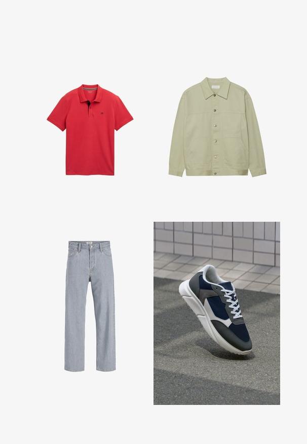 Hele roheline, nööbiga jope, mis on valmistatud puuvillast. Omab kahte ees olevat klapiga taskut ja klassikalist kraed. Tekstuuriga kangas, millel on sile viimistlus.; Punane polo särk, mis on valmistatud puuvillast, klassikalise kraega, kahe nupuga lõikega ning kontrastse musta aktsendiga kaeluses. Üksikasjadesse kuulub logo detail.; Heledad sinine teksapüksid, millel on mugav lõige, sirged sääred, nähtavad õmblused, kaks eesmist taskut ja nööbkinnisega sulgemine.; Sneaker, mille sinine võrkkangas, hallid nubukdetailid, valge kummitald ja lamedad valged paelad, disainitud mugavuseks ja hingavuseks.