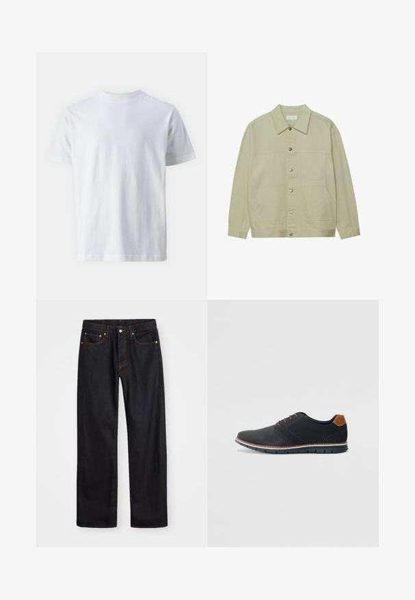 Šviesiai žalia, mygtukais užsegama striukė, pagaminta iš medvilnės. Pasižymi dviem priekinėmis kišenėmis ir klasikiniu aplankalu. Tekstūruotas audinys su lygiu paviršiumi.; Baltas trumpas rankovėmis marškinėliai, pagaminti iš medvilnės, su apvaliu iškirpimu ir lygiu paviršiumi, tiesaus kirpimo ir be raštų.; Vyrų tiesaus kirpimo juodi džinsai iš denim medžiagos, su penkiomis kišenėmis ir oranžinėmis siūlėmis, su mygtuko ir užtrauktuko uždarymu ant priekio.; Juodi sintetiniai batai su tekstūruotu paviršiumi, lygiomis detalėmis, ruda kulna ir kontrastingu padu. Yra minimalus raištelių užsidėjimas ir siuvimo detalės.