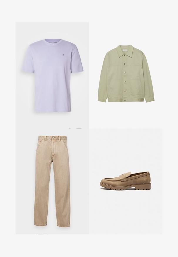 Jachetă de culoare verde deschis, cu nasturi, din bumbac. Dispune de două buzunare frontale și un guler clasic. Material texturat cu un finisaj neted.; Tricou din bumbac de culoare violet deschis, cu guler rotund, mâneci scurte și un mic logo brodat pe piept. Textură moale și croială standard.; Jeans din denim bej cu un design drept, care prezintă buzunare frontale, închidere cu buton metalic și o textură subtilă.; Loafers din suede bej, cu vârf rotunjit, talpă din cauciuc plat și cusături decorative pe partea superioară. Prezintă un design tip slip-on, fără șireturi.