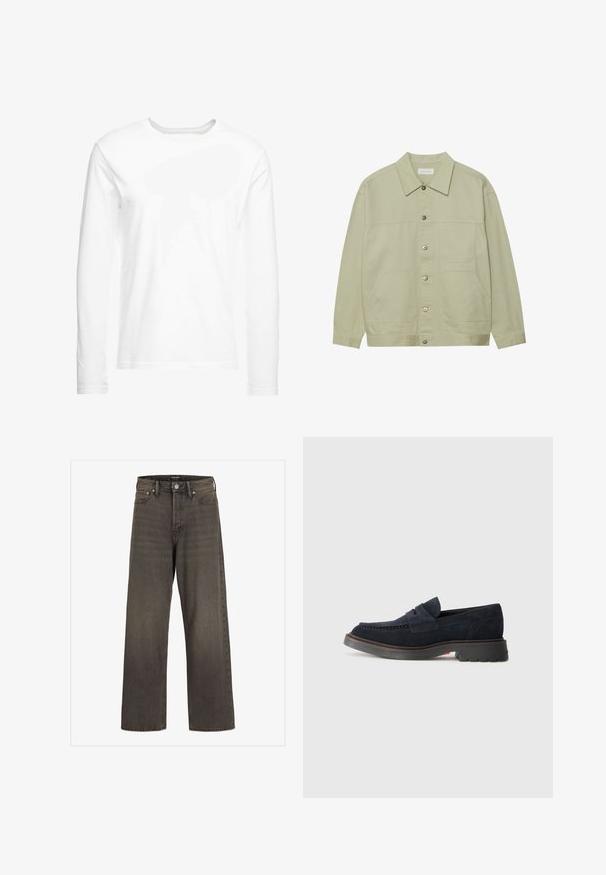 Hellgrüne, kurzärmelige Jacke mit Knöpfen aus Baumwolle. Verfügt über zwei aufgesetzte Taschen auf der Vorderseite und einen klassischen Kragen. Strukturiert mit einer glatten Oberfläche.; Langärmliges, weißes T-Shirt aus weicher Baumwolle. Rundhalsausschnitt mit geraden Saumabschlüssen und ohne sichtbare Muster oder Grafiken.; Weite Jeans aus dunkelgrauem Denim mit hoher Taille, klassischem Fünf-Taschen-Design und kontrastierendem Stepp entlang der Nähte.; Marineblaue Wildleder-Lederhosen mit runder Spitze, dekorativen Nähten und einer Gummisohle mit leichte Erhöhung. Strapazierfähiges Material und Design.