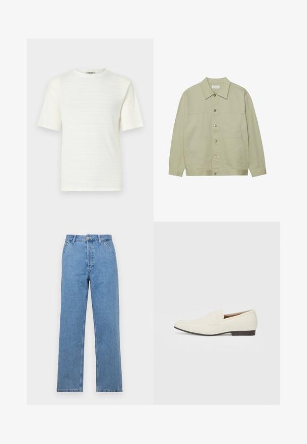 Lys grønn, knappet jakke laget av bomull. Har to frontlommer og en klassisk krage. Teksturert stoff med en glatt overflate.; Hvit kortermet T-skjorte laget av teksturert stoff med et subtilt horisontalt mønster. Rund halsdesign, avslappet passform.; Lyseblå denim rettslit jeans med klassisk fem-lomme design, med knappstenging foran og beltesløyfer. Glatt tekstur.; Lyse beige loafers med spiss tå, glatt materiale, en stropp over vampsen, og en lav brun såle. Enkel design med minimale detaljer.