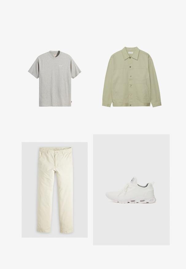 Jachetă de culoare verde deschis, cu nasturi, din bumbac. Dispune de două buzunare frontale și un guler clasic. Material texturat cu un finisaj neted.; Tricou din bumbac gri, cu guler rotund, mâneci scurte și un mic logo alb "Levi's" pe piept. Design simplu și croială dreaptă.; Pantaloni lejeri de culoare bej deschis, cu trei buzunare, bretele și un design cu picior drept. Realizați dintr-un material moale din amestec de bumbac.; Adidași albi cu un superior din țesătură texturată, șireturi plate și o talpă cu perne de aer vizibile pentru suport suplimentar.