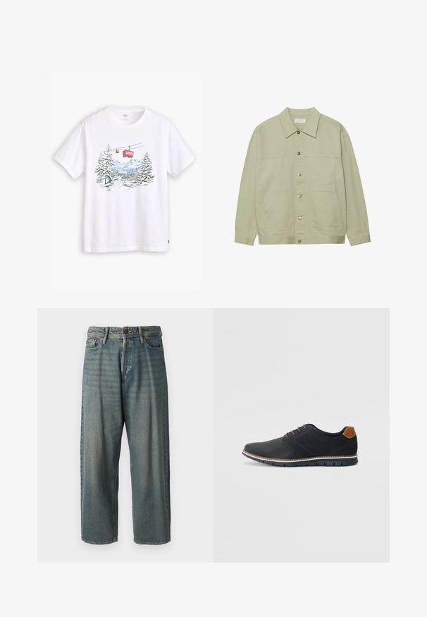 Světle zelená, zapínací bunda vyrobená z bavlny. Obsahuje dvě přední náprsní kapsy a klasický límeček. Texturovaná látka s hladkým povrchem.; Levi's® RELAXED FIT - Triko s potiskem - white; Světle modré denimové džíny s volným střihem, středně vysokým pasem a rovnými nohavicemi. Obsahují pět kapes, poutka na opasek a zapínání na knoflík.; Černé syntetické boty s texturovaným svrškem, hladkými detaily, hnědým podpatkem a kontrastní podrážkou. Obsahují minimální šněrování a švy.